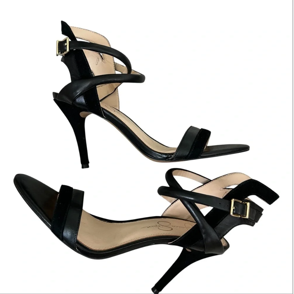 JESSICA SIMPSON Women’s Black Strappy Sandals Vegan Leather & Suede 4